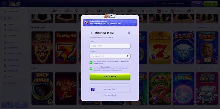 screenshot of SpinBara Casino email and password registration form with welcome bonus offer at Best Online Casino Ontario