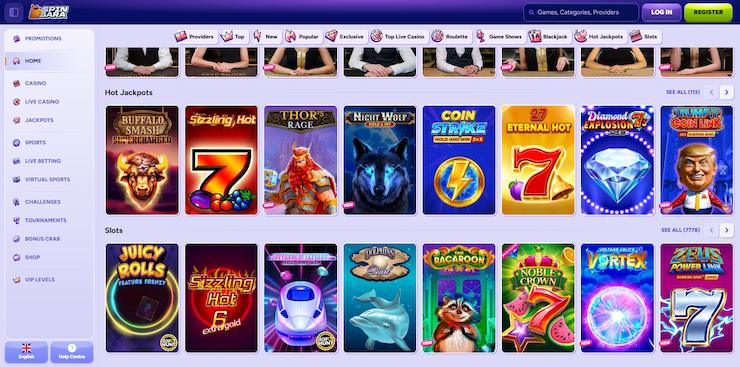 screenshot of SpinBara homepage featuring hot jackpots and top online slot games at Best Online Casino Ontario