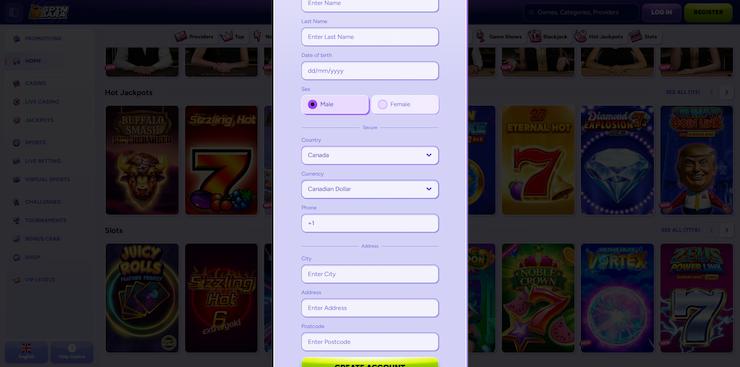 screenshot from SpinBara casino showing account registration email and password step at Best Online Casino Ontario