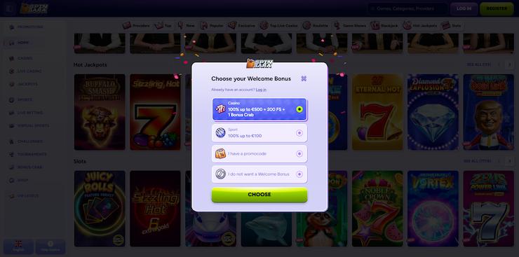 screenshot of SpinBara welcome bonus screen with casino and sportsbook offers at Best Online Casino Ontario