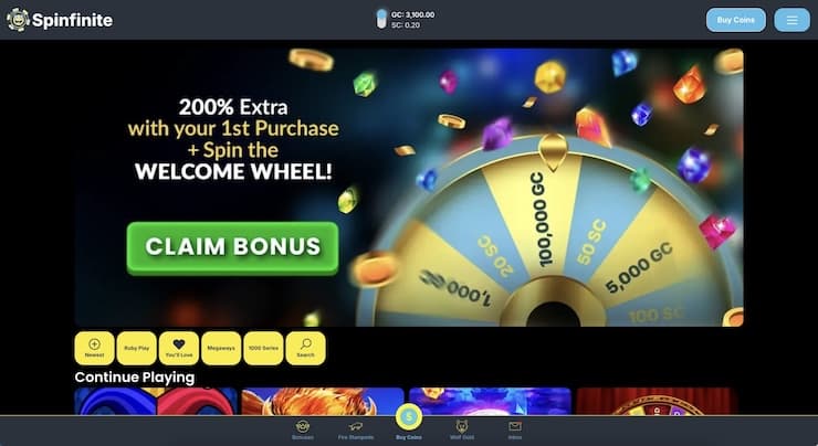 A snapshot of Spinfinite Casino welcome bonus screen, offering sign-up rewards at new online social casinos USA players trust.