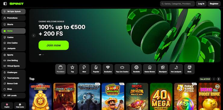 screenshot of Spinit Casino homepage featuring green animated reels and €500 welcome bonus at Best Online Casino Ontario