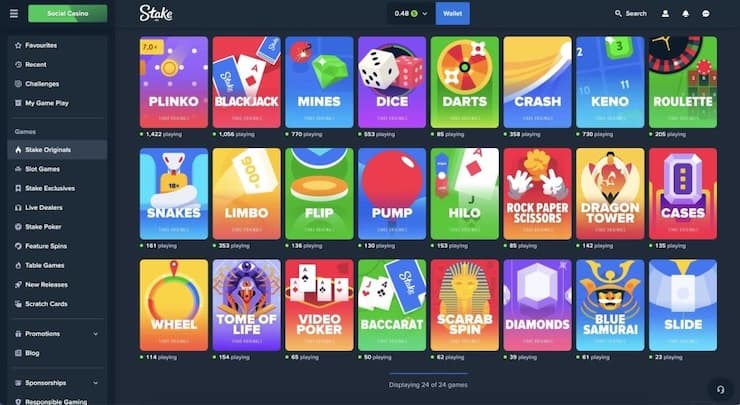 A snapshot of Stake.us social casino originals, a leading sweepstakes social casino like Chumba with unique real money-style games.