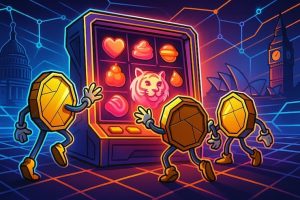 a snapshot of crypto coins playing a Sugar Rush slot machine with glowing candy symbols in a futuristic blockchain arena with global landmarks, symbolizing Sugar Rush Slot Review 2025