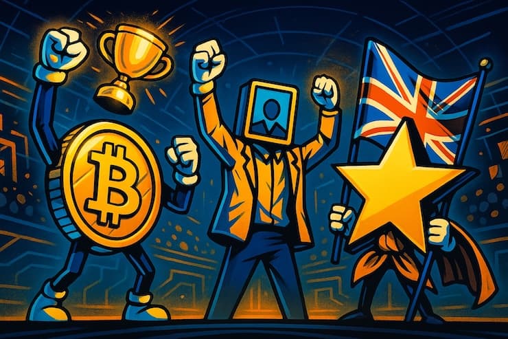 BC.Game themed illustration with UK flag, crypto coin mascots, and trophy symbolizing top-ranked Best Online Casinos UK