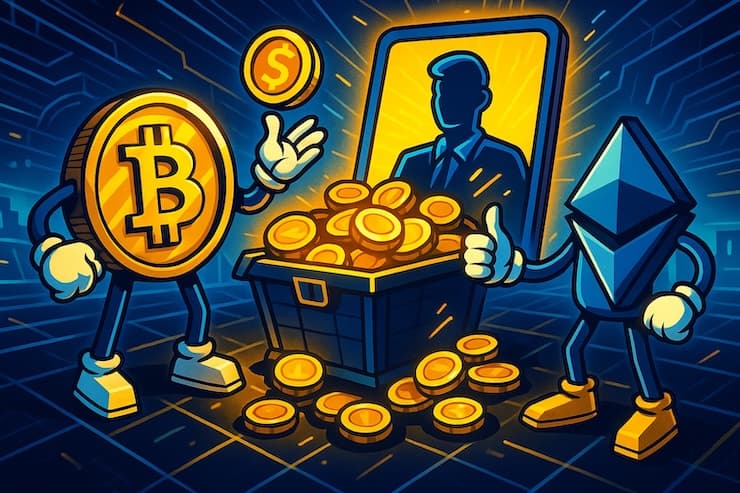 Illustration of cryptocurrency symbols Bitcoin and Ethereum with gold coins, representing UK casino bonuses and promotions on Best Online Casinos UK.