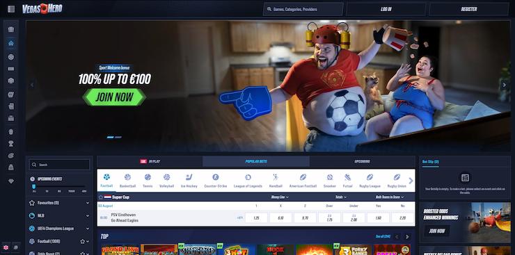 screenshot of Vegas Hero sportsbook and casino platform featuring quirky sports bonus and live betting at Best Online Casino Ontario