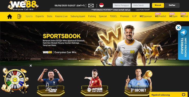 Screenshot of the homepage of We88, one of the best betting sites in Indonesia.