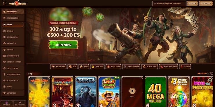 screenshot of Wild Robin Casino homepage with adventurous theme and featured welcome bonus at Best Online Casino Ontario