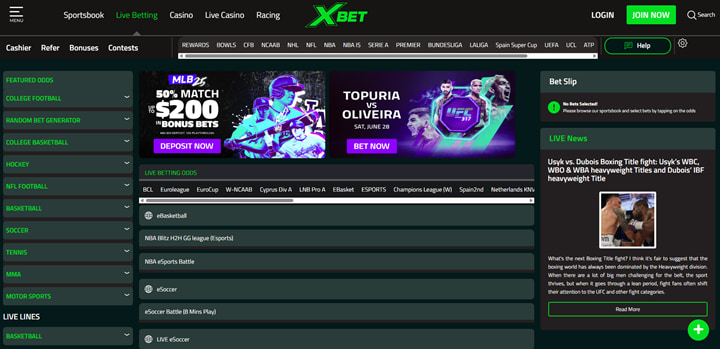 screenshot from XBet sportsbook showing live betting interface and featured promotions, listed among trusted Golf Betting Sites