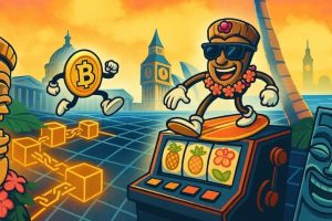 A snapshot of Aloha Cluster Pays slot review with tiki coin totem and blockchain grid in futuristic style
