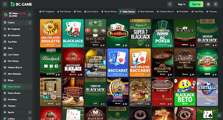 A snapshot of BC.Game table games - a fast payout UK casino