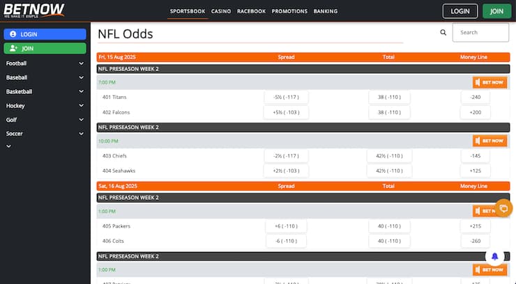 A snapshot of BetNow Sportsbook, a fast payout betting site for UK players