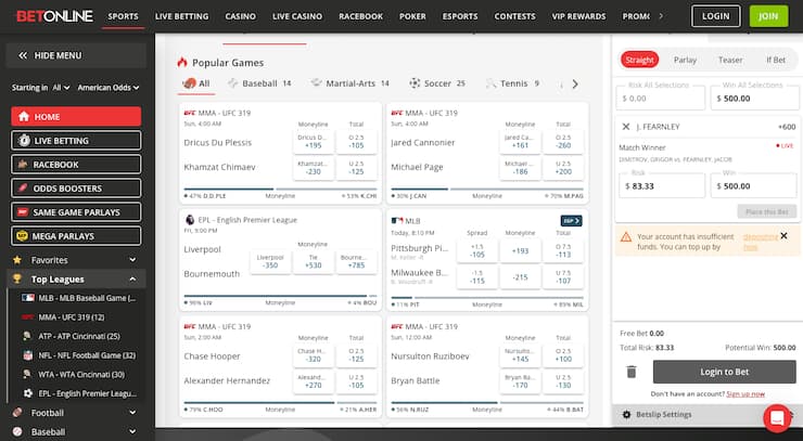 A snapshot of BetOnline, a fast payout sports betting site