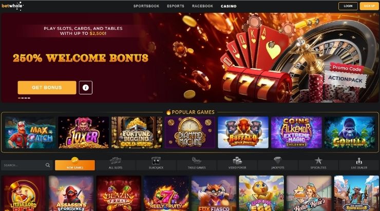 betwhale online casino welcome bonus and games on homepage