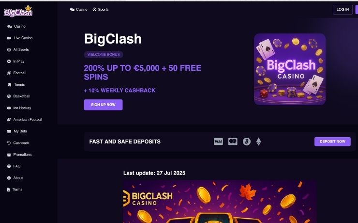 big clash casino welcome bonus on homepage