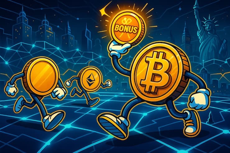 Crypto coins celebrating best crypto esports bonuses in a futuristic digital arena