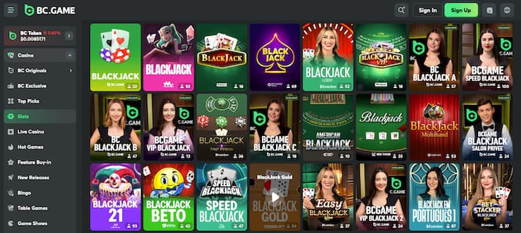 Screenshot of BC.Game blackjack games section with various live dealer blackjack tables, part of Best Online Casinos UK listings.