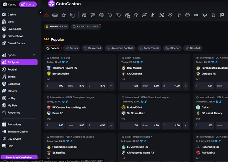 CoinCasino Cyprus Sporting Betting site with casino games and football odds