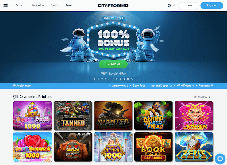 A snapshot of Cryptorino Casino - a top betting app for UK players