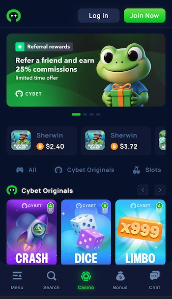 A snapshot of Cybet Casino, a top Crypto Betting Casino for US players
