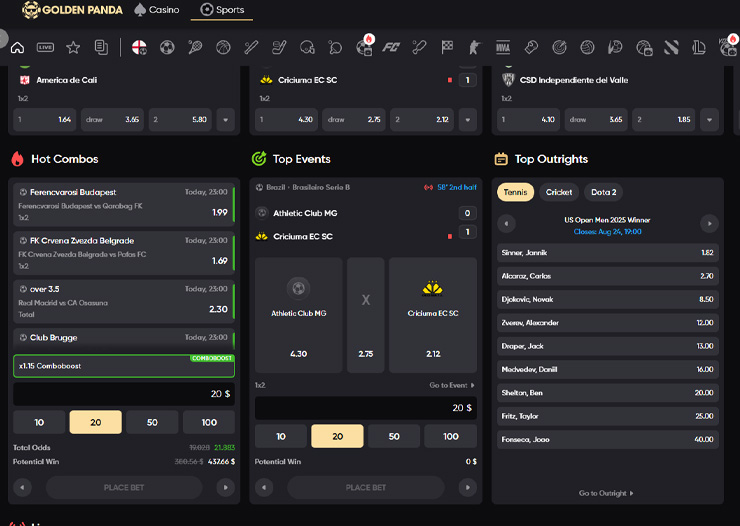 Cyprus online sportsbook Golden Panda with sporting betting markets and updated odds