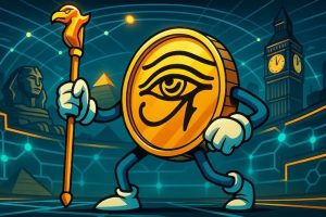 Eye of Horus slot review with coin holding staff in futuristic blockchain arena