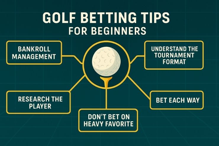infographic for beginners explaining golf betting tips like bankroll management, bet types and player research at Golf Betting Sites