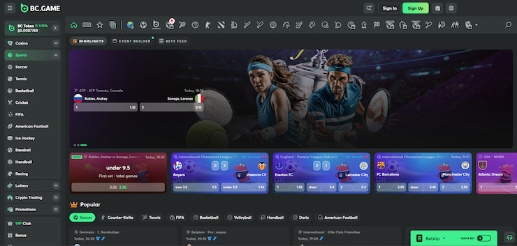 an image of the sports betting platform on the BC.Game site which is the top non gamstop betting site