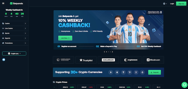 Screenshot of Betpanda online casino homepage showcasing welcome banner with football players promoting 10% weekly cashback, featured under Best Online Casinos UK.