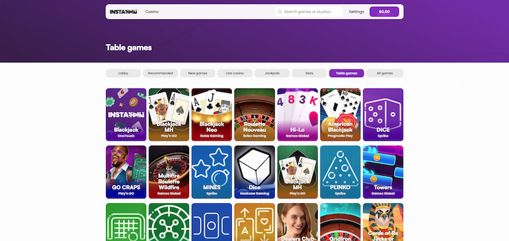 A snapshot of table games at the best online casinos Indonesia, showcasing blackjack, roulette, dice, and instant-win games.