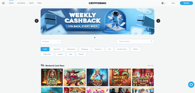 Screenshot of Cryptorino online casino homepage with weekly cashback promotion banner and featured slot games, included in Best Online Casinos UK.