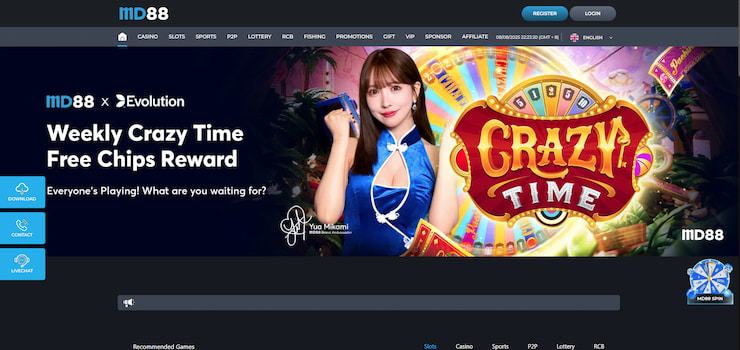 A screenshot of the MD88 Casino homepage, one of the best online casinos in Indonesia