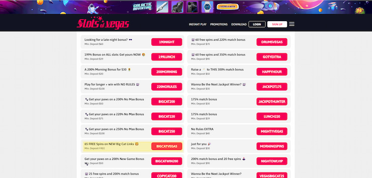 Slots of Vegas promotions page displaying active bonus codes including 65 free spins no deposit casino bonus offers.