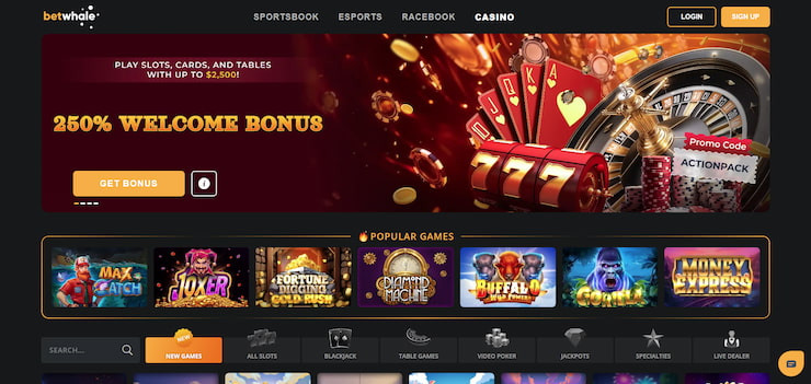 A screenshot of the BetWhale Casino site - a top no deposit casino bonus site - showing the current welcome offer.