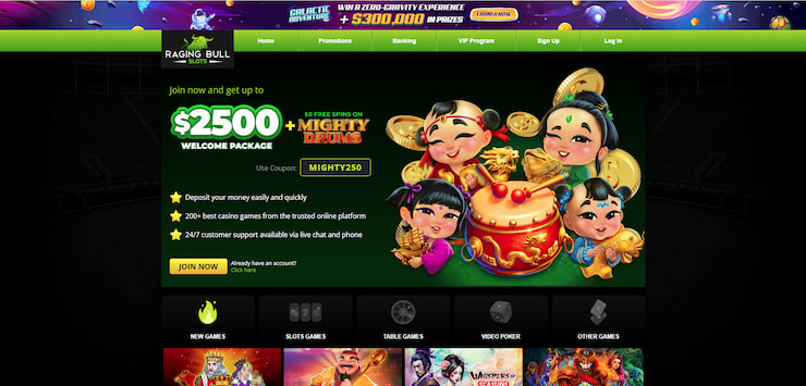 An image showing the Raging Bull casino website - a top no deposit casino bonus site