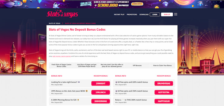 A snapshot of the bonus codes at Slots of Vegas, including no deposit casino bonus offers.