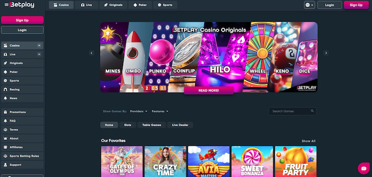 An image of the casino section at Betplay Casino.- a top Paypal Casino for UK players