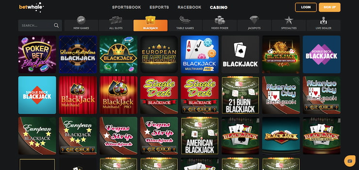 A screenshot of the blackjack game lobby on the BetWhale site.