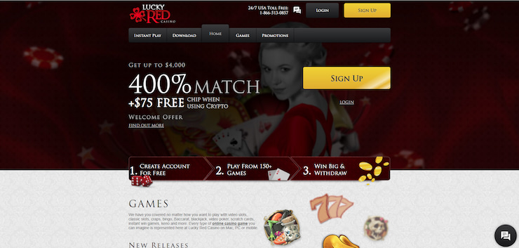 A snapshot of the Lucky Red Casino homescreen.