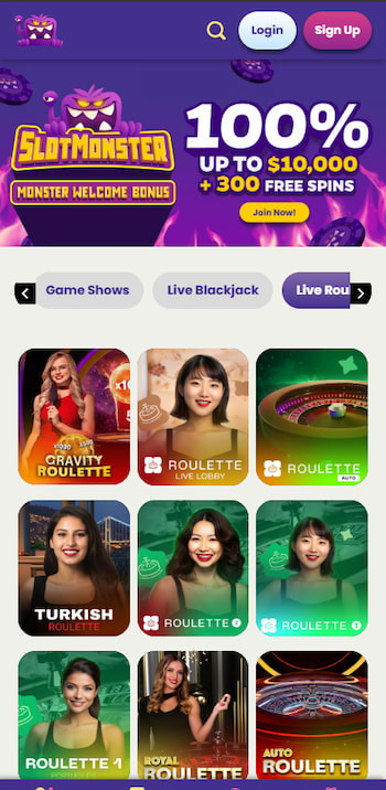 Mobile interface of SlotMonster casino showing live online roulette Australia games, optimized for Aussie mobile players.