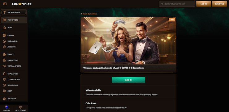 An overview of the $4,500 welcome package available at CrownPlay.