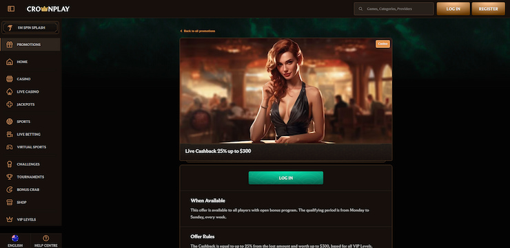 Live cashback promotion at CrownPlay casino with 25% back up to $300, rewarding Aussie players of live online roulette Australia