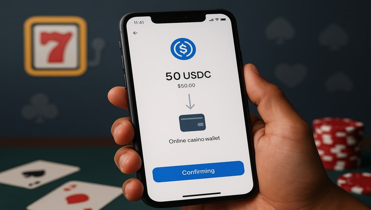 image of a user depositing USD Coin into an online casino wallet on their mobile
