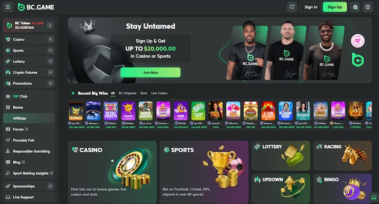 A snapshot of the BC.Game Lobby - a fast payout casino for UK players