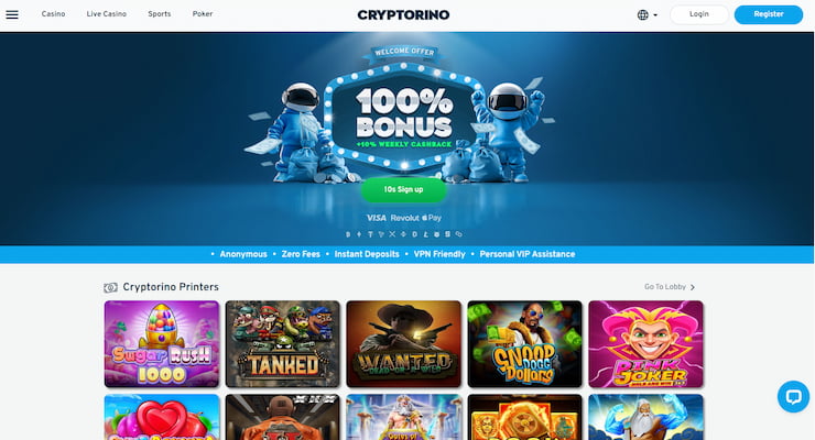 A snapshot of the lobby of Cryptorino, a fast payout casino for UK players