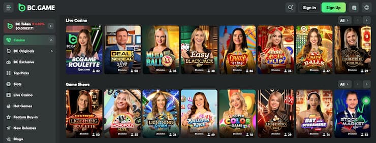 screenshot of BC.Game live casino lobby with live dealer games like roulette, blackjack, and game shows at Best Online Casinos UK