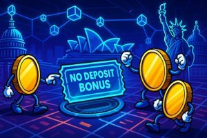 A snapshot of coins highlighting no deposit casino bonuses in a futuristic blockchain arena with US landmarks
