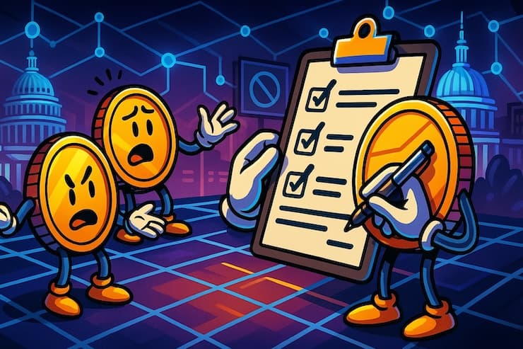 A snapshot ocrypto coins reviewing a checklist of rules in a futuristic blockchain arena with US landmarks, symbolizing common terms and conditions of no deposit casino bonuses