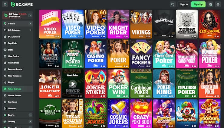 screenshot from BC.Game showing poker games including Texas Holdem, Caribbean Stud, and video poker at Best Online Casinos UK